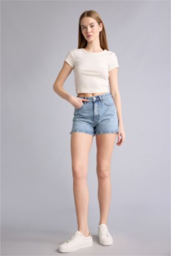 Әйелдерге Ашық Көк Mom Fit жоғары белді тік балақ джинс шорты