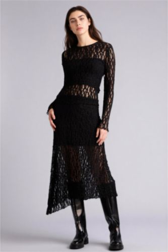 جيبة ميدي تريكو دانتيل غير متماثل بخصر عادي وبطانة جيرسي