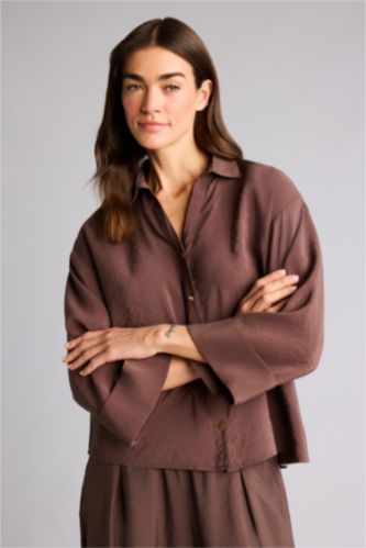 Әйелдерге Қоңыр Overshirt Fit жейде жағалы модал ұзын жеңді жейде
