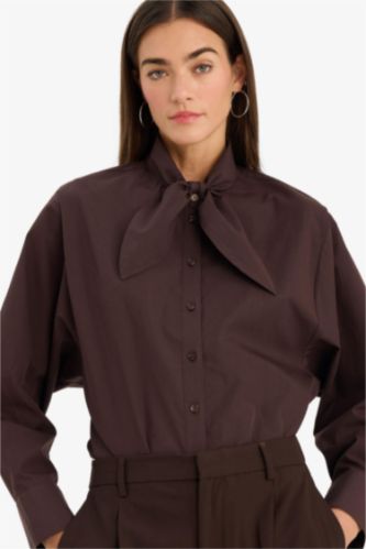 Oversıze Fular Yaka Poplin Uzun Kollu Gömlek