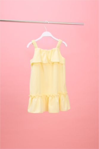 Kız Bebek Ekru Fırfırlı Keten Elbise Kız Bebek