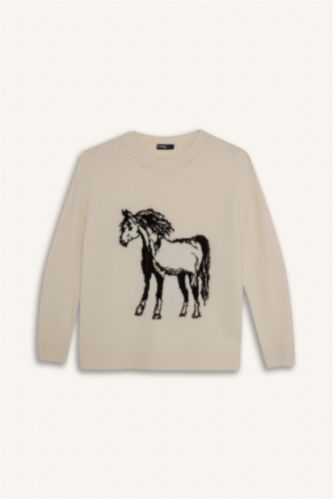 بلوز صوف قصة عادية بياخة مستديرة وطبعة حصان