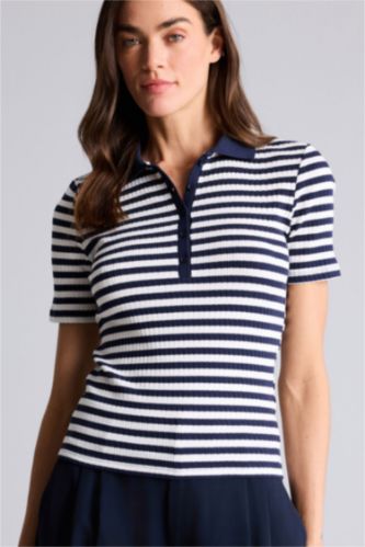 حريمي كحلي تيشيرت بولو مخطط نص كم سليم فيت