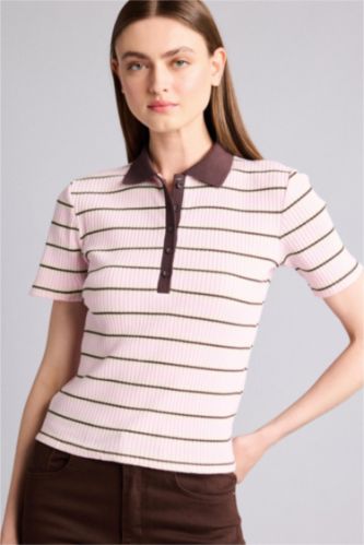 Women Light Pink Slim Fit Short Sleeve Polo T-Shirt