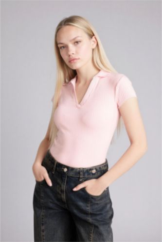 Woman Light Pink تيشيرت بولو نص ردن بيزك سادة سليم فيت مضلع