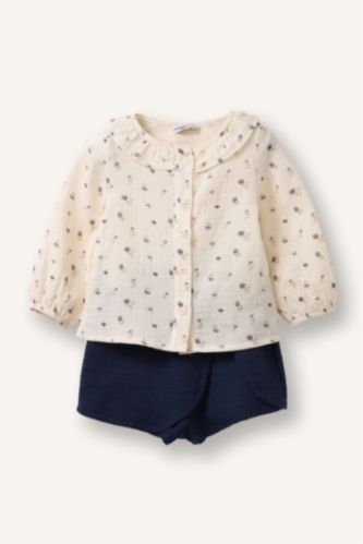 Kız Bebek Ekru Çiçekli Müslin 2'li Takım Kız Bebek