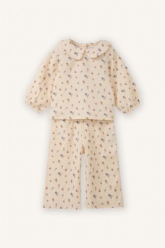 Kız Bebek Ekru Çiçekli Müslin 2'li Takım Kız Bebek