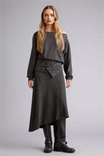 Woman Anthracite A Cut Normal Waist Midi Knitted Skirt