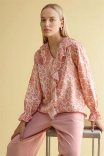 Kadın Gülkurusu Regular Fıt V Yaka Baskılı Uzun Kollu Bluz