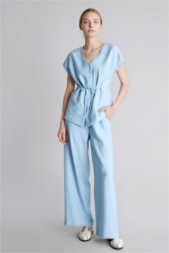 Әйелдерге Көк Straight Wide тік балақ шалбар