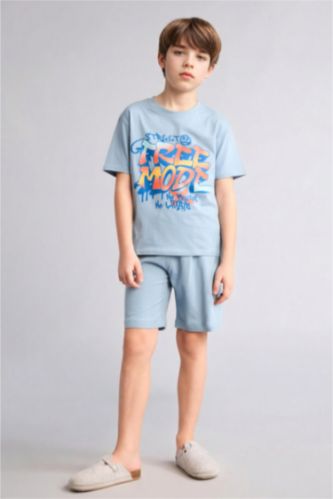 Erkek Çocuk - Genç Erkek Mavi Baskılı Tişört Şort Pijama Takımı Erkek Çocuk