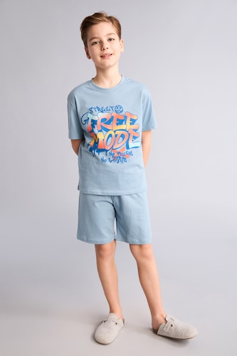 Erkek Çocuk - Genç Erkek Mavi %100 Pamuk Baskılı 2'li Pijama Takımı Erkek Bebek