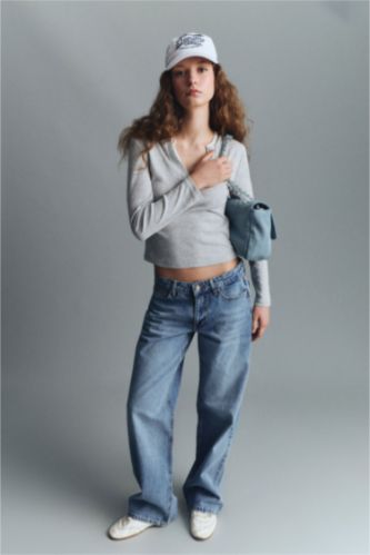 Женщины Голубрй Длинные джинсы с низкой талией и эффектом варки