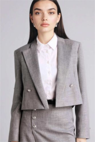 Woman Grey Boxy Fit Jacket Collar Blazer