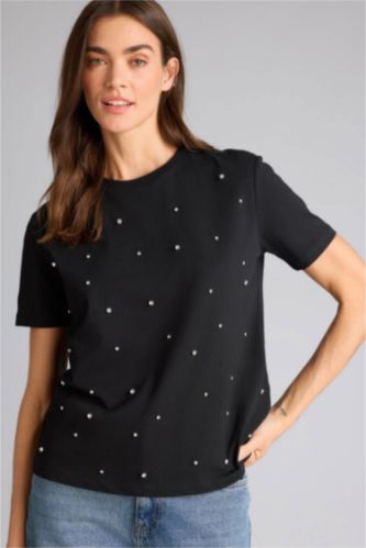 حريمي أسود تيشيرت نص كم قصة عادية مطرز وياقة مستديرة