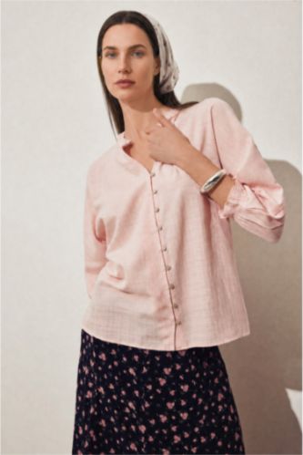 WOMAN Light Pink Ruffle Detail V-Neck Long Sleeve Shirt