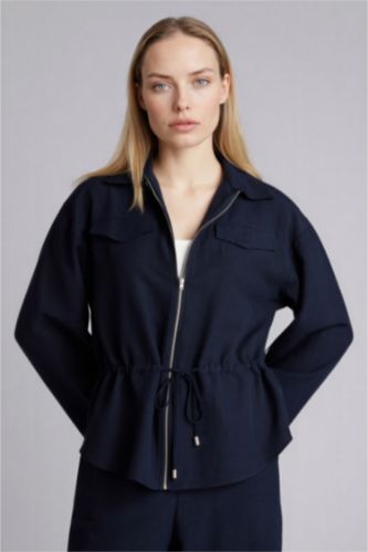 Kadın Lacivert Relax Fıt Keten Karışımlı Fermuarlı Gömlek