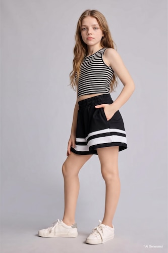 Girl Elastic Waist Striped Black Shorts