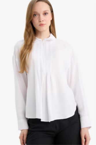 Женщины Кремовый Relax Fit Shirt Collar Long Sleeve Shirt