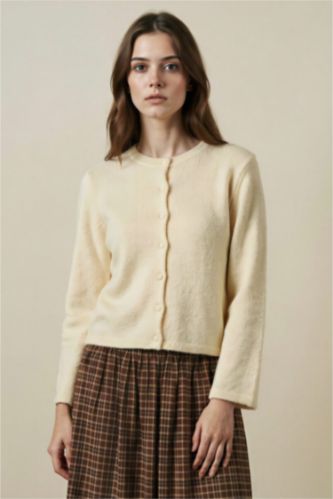 Kadın Sarı Regular Fıt Triko Hırka