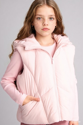 Girl Light Pink Waterproof Hooded Zip-Up Vest