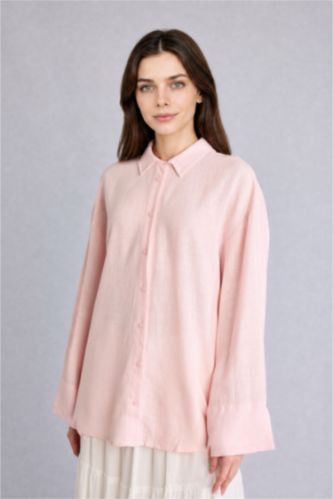 Kadın Pembe Regular Fit Uzun Kollu Keten Tunik