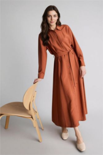 FEMME Marron Clair Robe Tissée À Manches Longues