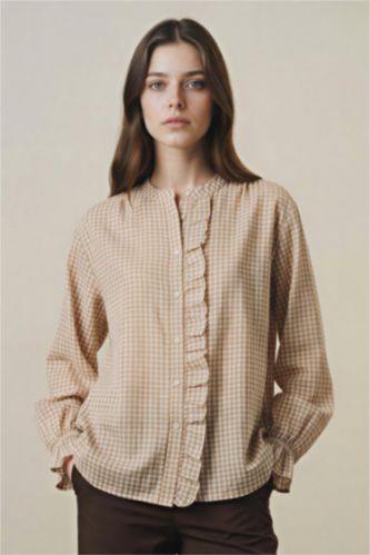 Kadın Ekru Regular Fıt Kareli Uzun Kollu Tunik