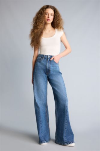 Әйелдерге Көк Wide Leg жоғары белді тік балақ ұзын джинс шалбар