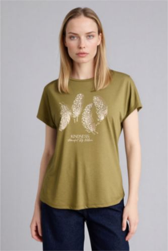 Kadın Haki Baskılı Kısa Kollu Tişört