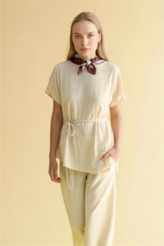 WOMAN Stone Asymmetric Boat Neck Crepe T-shirt