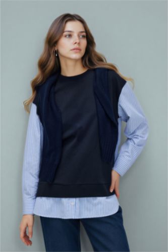 Kadın Lacivert Regular Fıt Bisiklet Yaka Sweatshirt Kumaşı Sweatshirt Tunik