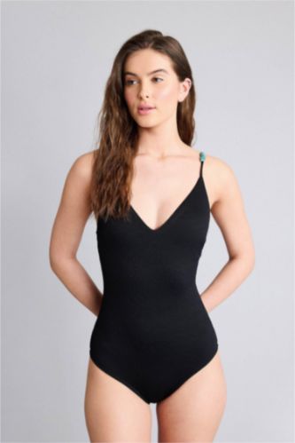 Әйелдерге қара Regular Fit кринкл мата суға шомылу киімі