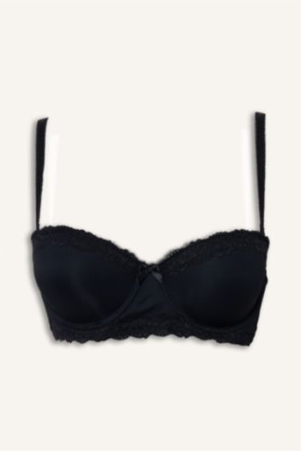 Kadın Siyah Dantel Detaylı Micro Kaplı Yarım Dolgulu Balenli Balkonet Sütyen