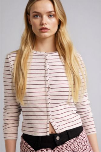 Woman Grey Melange Slim Fit Crew Neck Ribana Cardigan