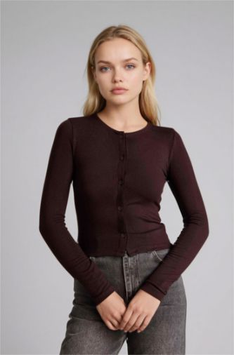 Kadın Kahve Fıtted Bisiklet Yaka Ribana Hırka