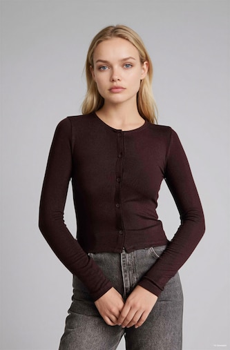 Kadın Kahve Fitted Bisiklet Yaka Crop Basic Hırka
