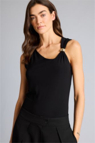 Женщины Черный Майка Slim Fit с вырезом лодочка