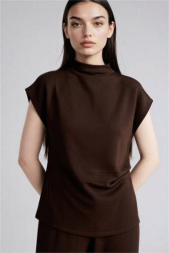 Женщины Коричневый Майка приталенного кроя с воротником стойкой из модала для женщин