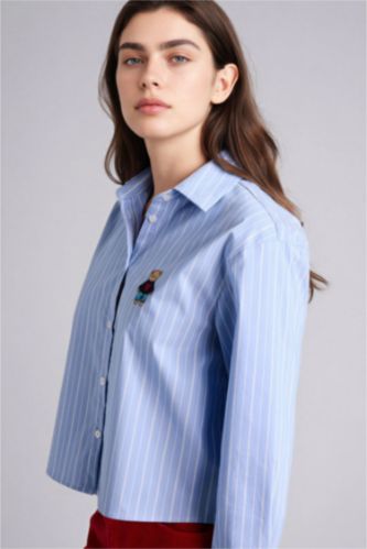 Woman Blue Oversize Fit Shirt Collar Long Sleeve Shirt