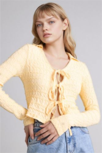 Woman Yellow Slim Fit Shirt Collar Long Sleeve Blouse