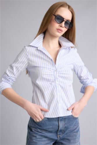 Kadın Mavi Fıtted Gömlek Yaka Bengalin Uzun Kollu Gömlek