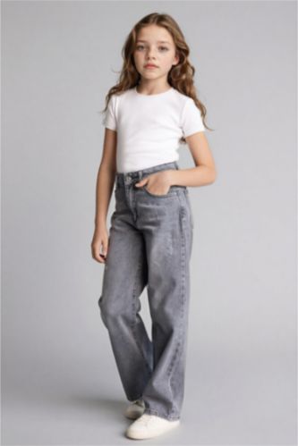 بنات رمادي بنطرون جينز بناتي وايد ليج قصة مستقيمة واسعة