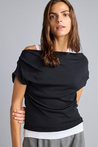 Women Black Slim Fit One Shoulder Ribana Short Sleeve T-Shirt