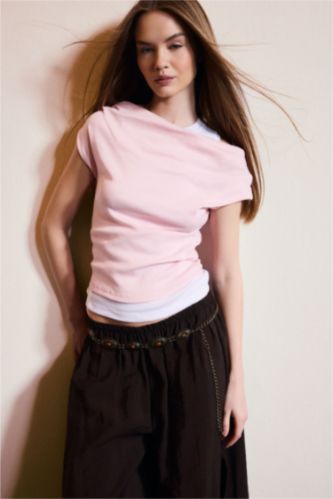 WOMAN Light Pink تيشيرت سليم فيت بطبقين