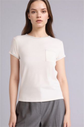 Woman Ecru تيشيرت نص ردن سليم فيت وياخة مستديرة