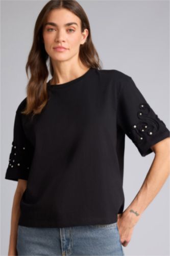 Woman Black تيشيرت نص ردن قصة مريحة وياخة مستديرة