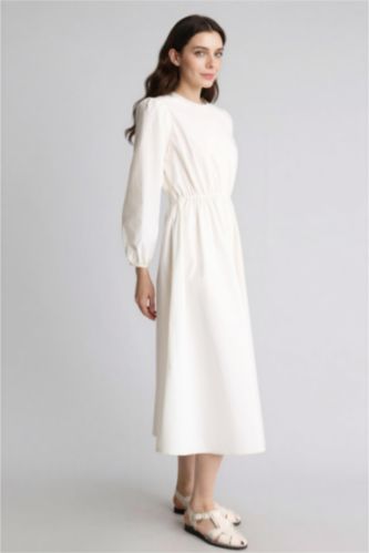 FEMME Écru Robe Tissée À Manches Longues Popeline