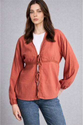 FEMME Orange Foncé Tunique en tissu gaufré à manches longues Coupe régulière