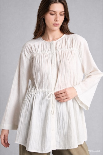 Woman Ecru Regular Fit Wowen Fabrics Long Sleeve Tunic